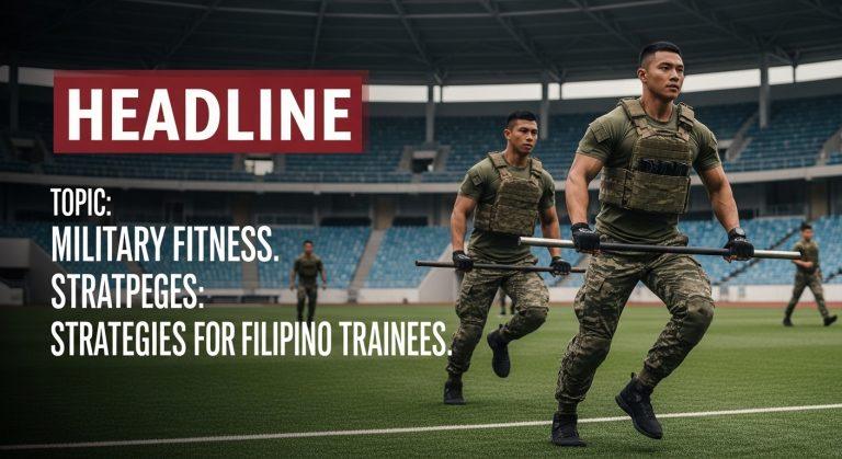 Filipino trainees performing a military-style circuit during a morning group workout at a coastal gym.