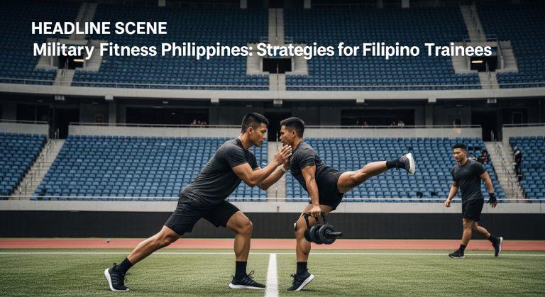 Filipino trainees performing a military-style circuit during a morning group workout at a coastal gym.