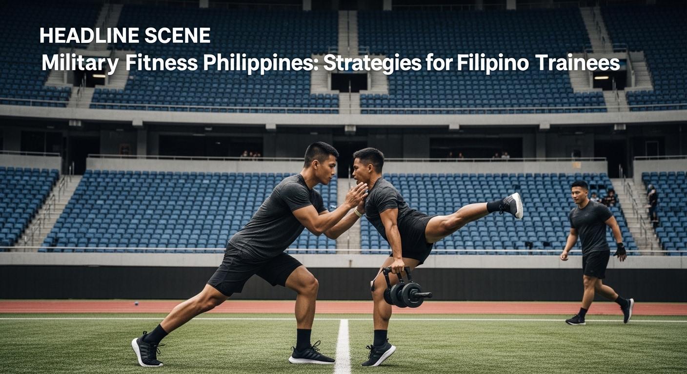 Filipino trainees performing a military-style circuit during a morning group workout at a coastal gym.