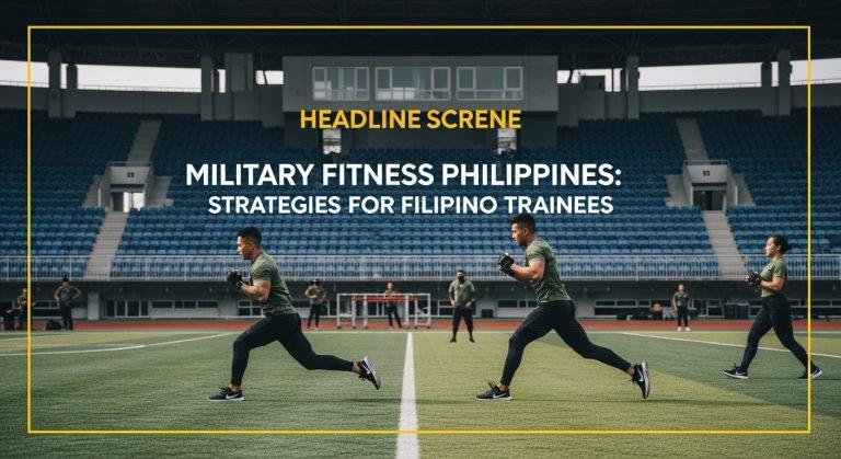 Filipino trainees performing a military-style circuit during a morning group workout at a coastal gym.