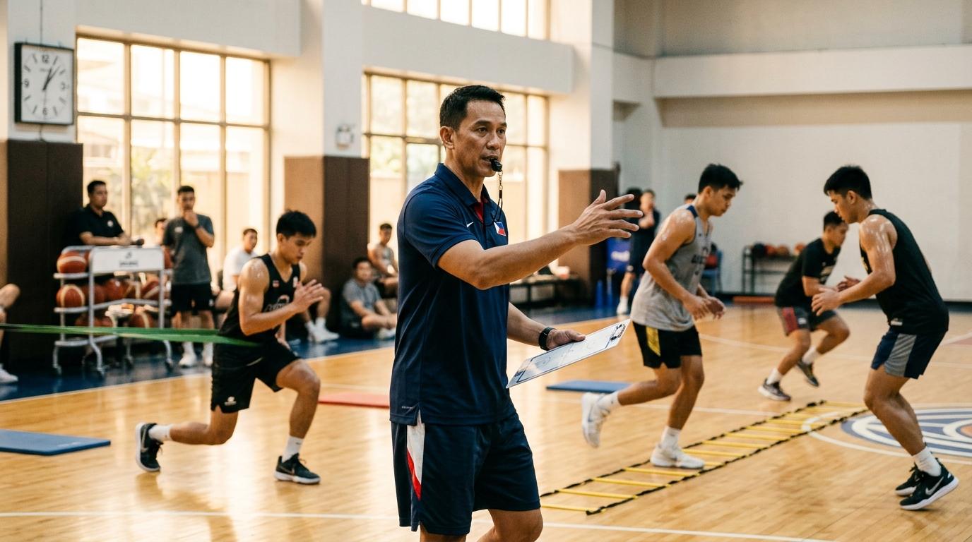 Basketball players warming up on the court with a fitness analysis backdrop