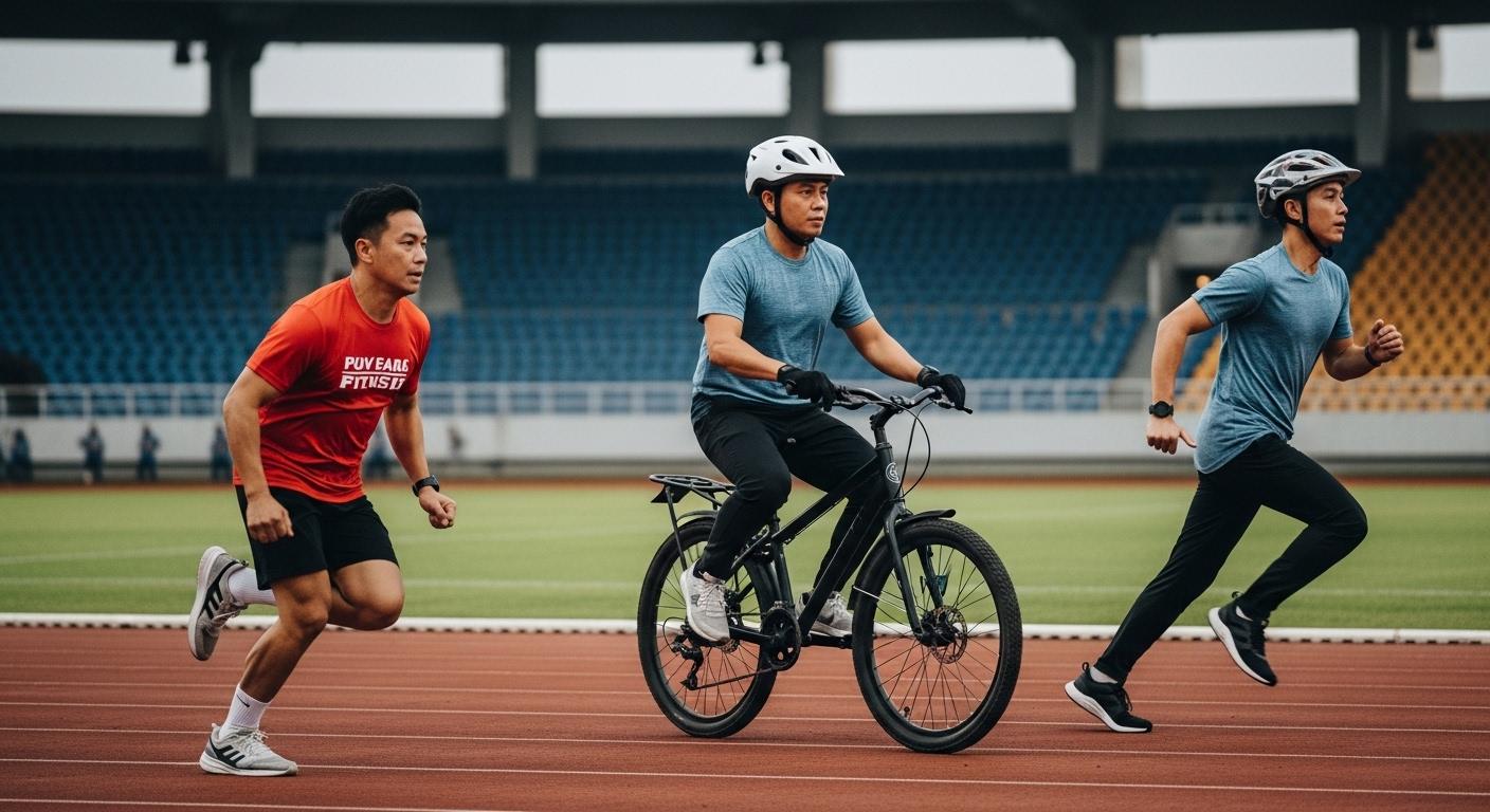 Commuters and PUVs on a Metro Manila street, with a gym entrance in the background, illustrating urban fitness and trans