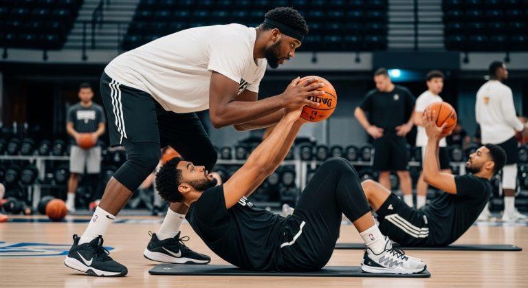 Basketball players training and conditioning in gym