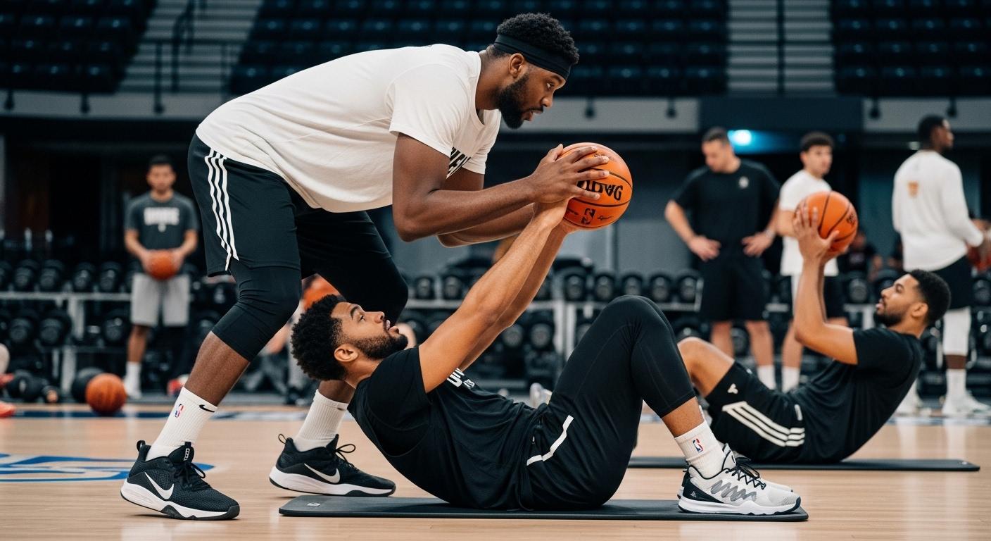 Basketball players training and conditioning in gym