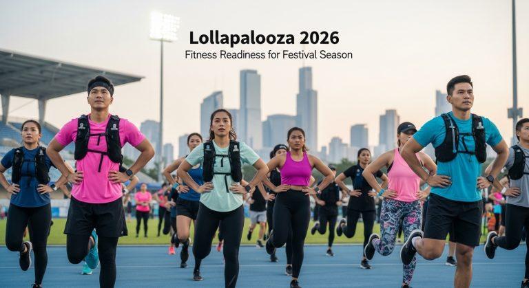 Fitness enthusiasts warming up before a music festival, emphasizing hydration and mobility.