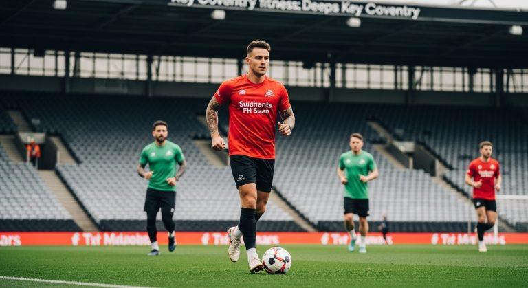 Diverse runners participating in a Coventry-inspired fitness race on city streets.